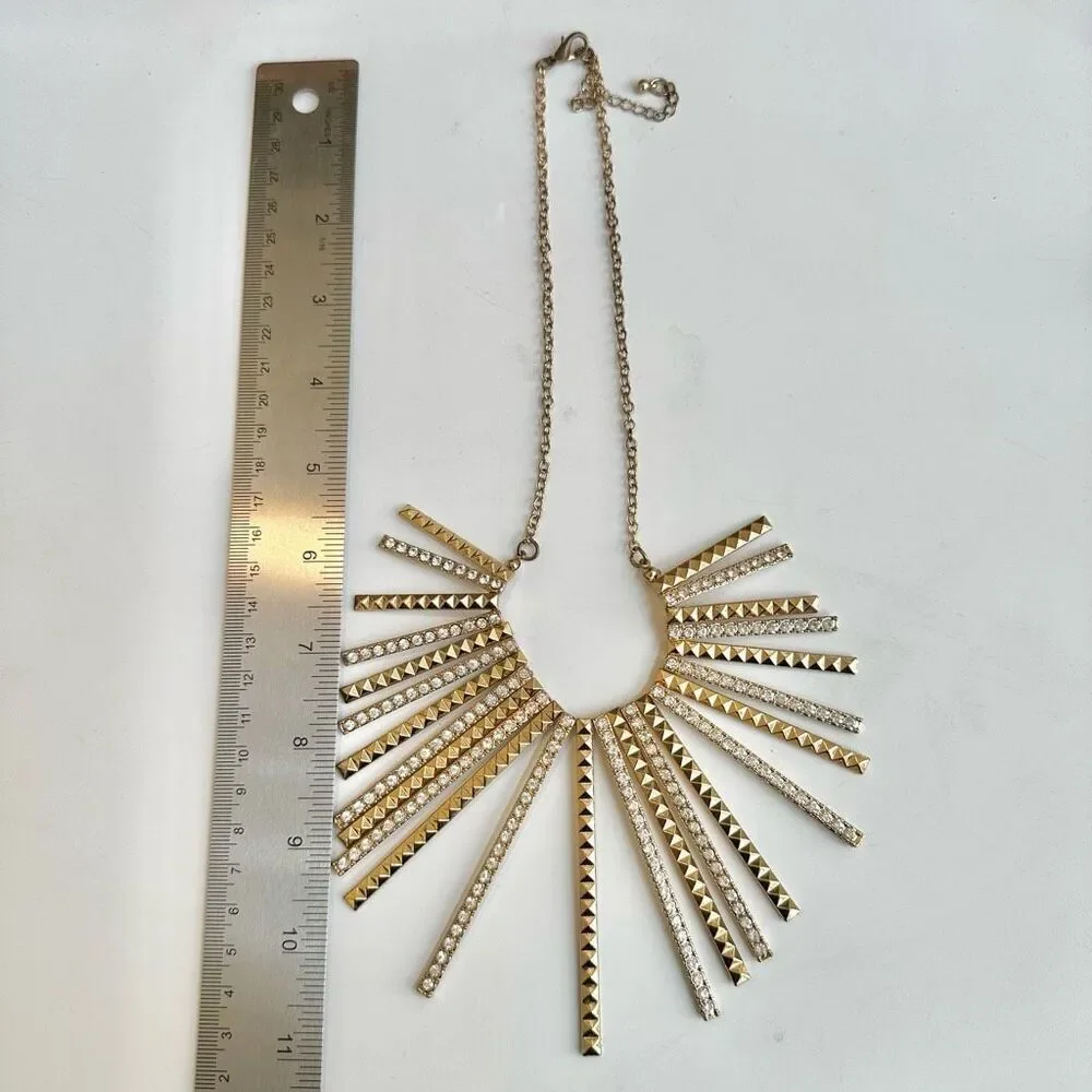 Gold tone and rhinestone fan statement necklace - Picture 7 of 8